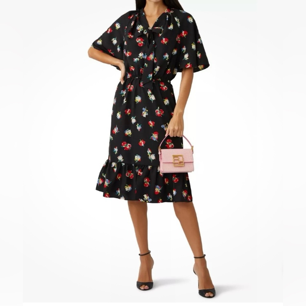 Ralph Lauren Black/Red‎ Crepe Tie Neck Flutter Sleeve Flutter Hem Midi Dress 12